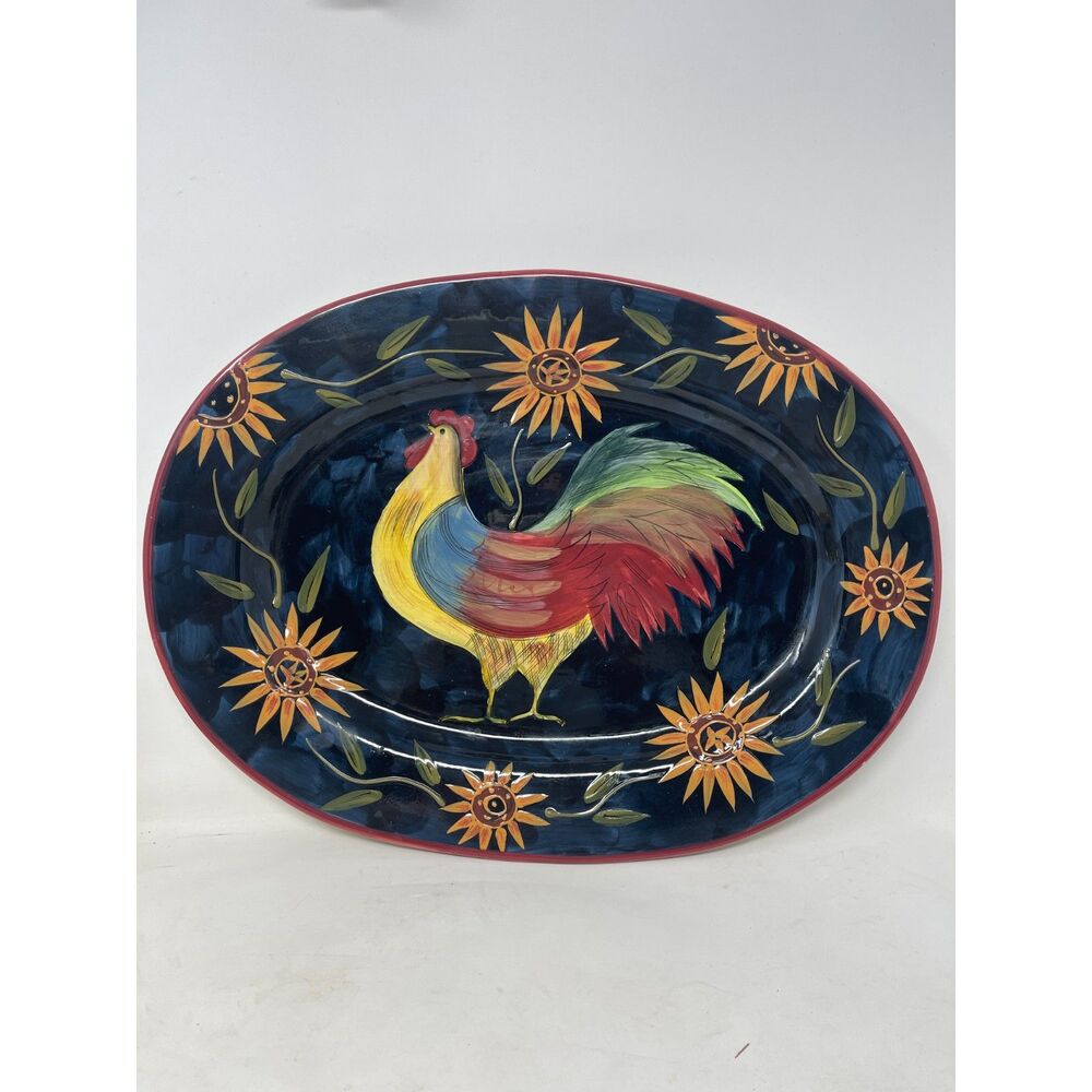 Susan Winget Rooster Hand Painted Large Turkey Serving Platter ~Sunflowers  1980